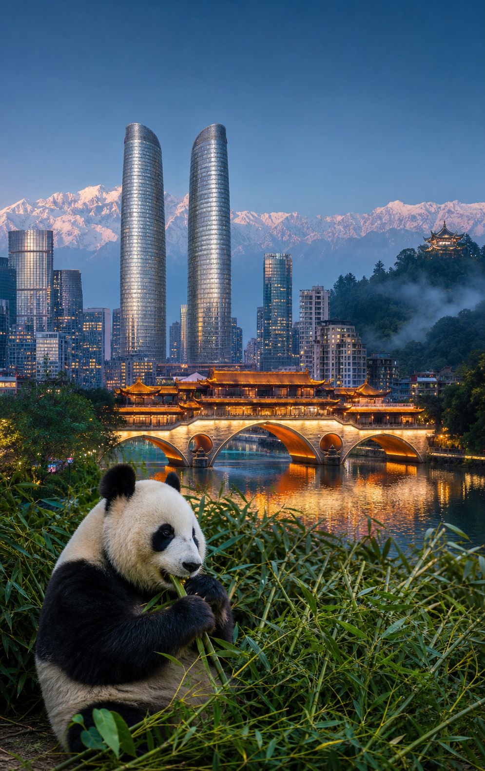 Chengdu landscape with a panda, the Jin River, Anshun Bridge, snow mountains and the Financial City twin towers